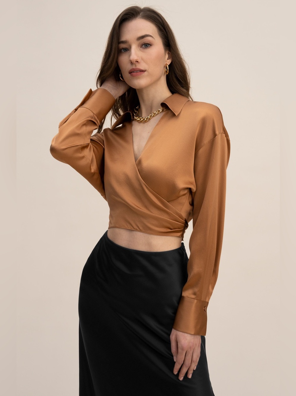 Lilysilk Mulberry Silk Wrapover Cropped Shirt Toasted Chestnut- Still Full Price
